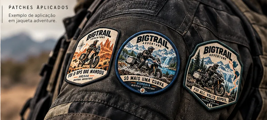Patches Long Way Club aplicados em uma jaqueta adventure