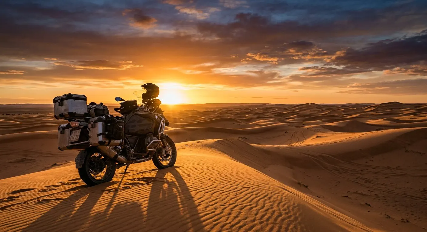 Moto big trail equipada en las dunas del Sahara al atardecer