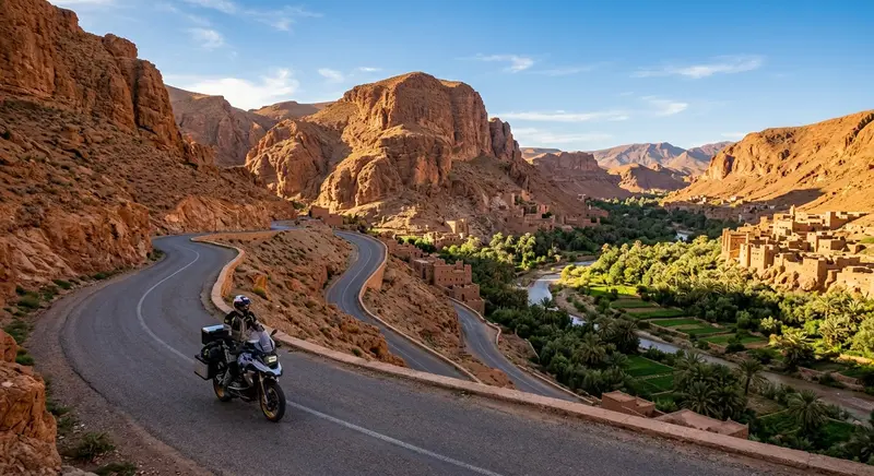 Camino sinuoso entre montañas rojas y kasbahs en el sur de Marruecos