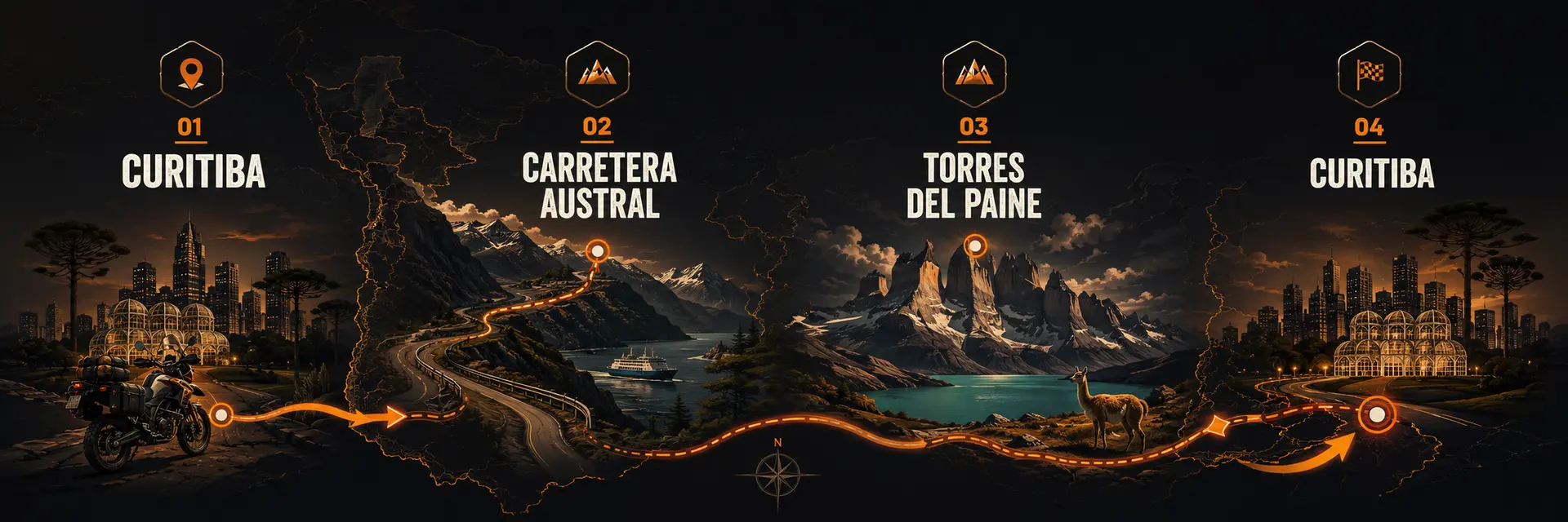 Infográfico da rota: saída de Curitiba, Carretera Austral, Torres del Paine e retorno
