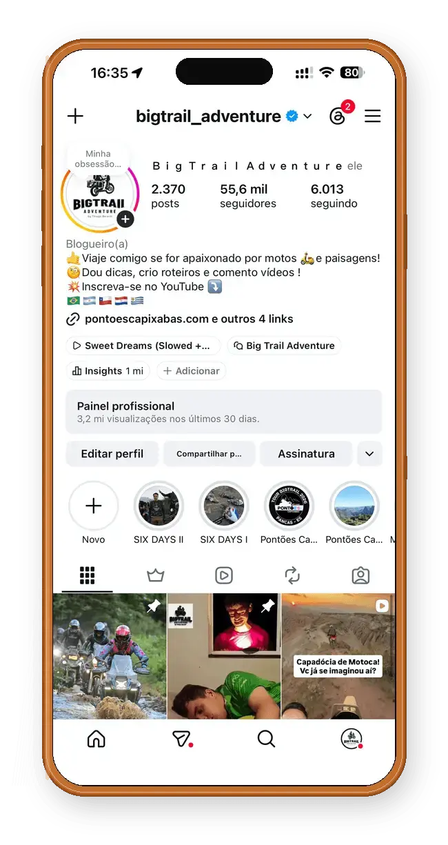 Perfil @bigtrail_adventure no Instagram em um iPhone